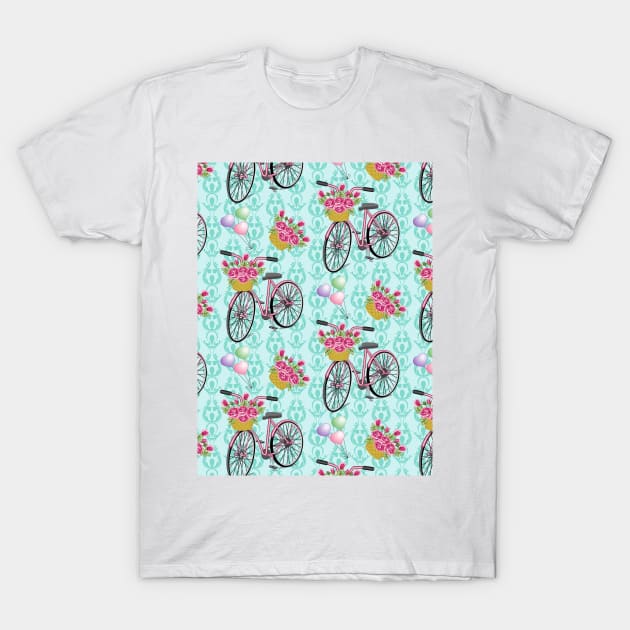 Floral Bicycle Pattern T-Shirt by Designoholic